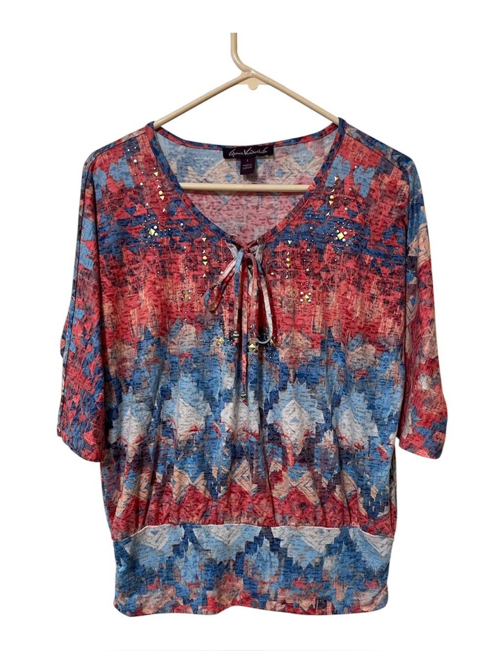 Gloria Vanderbilt V Neck Beaded Blouse Multi Color Tie Front Incan Indian Boho